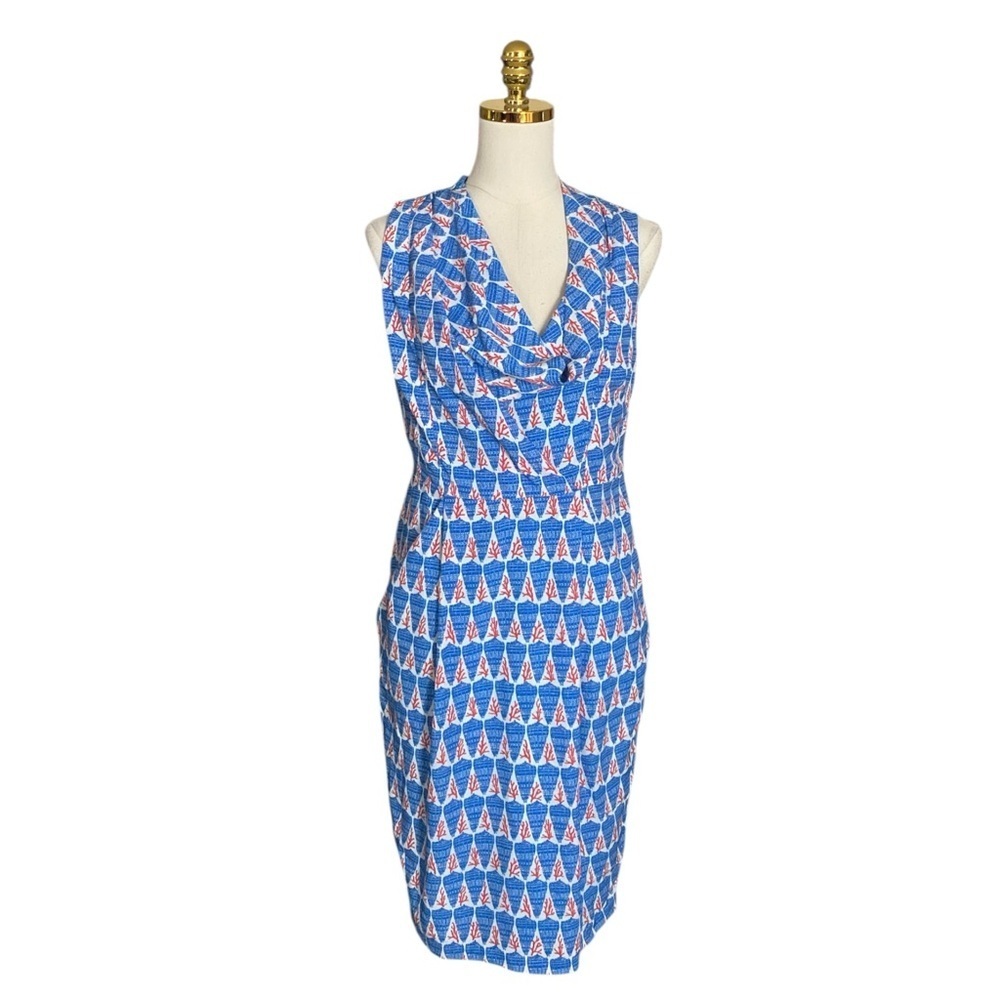 Anthropologie EVA FRANCO Women’s Sheath Seashell Coral Print Blue Dress Size 6